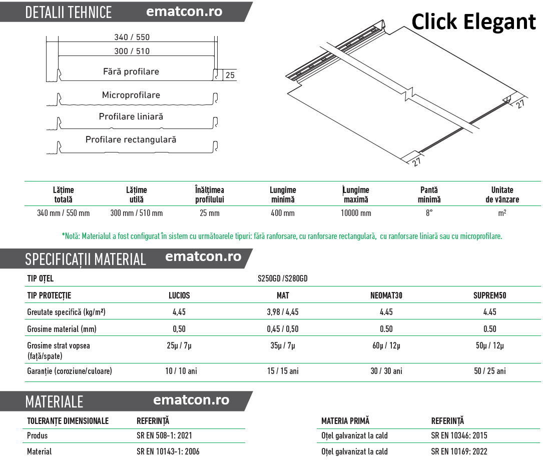 PANOU CLICK ELEGANT 550 CU MICROPROFILARE 0,50mm MAT-GARANTIE 15 ANI